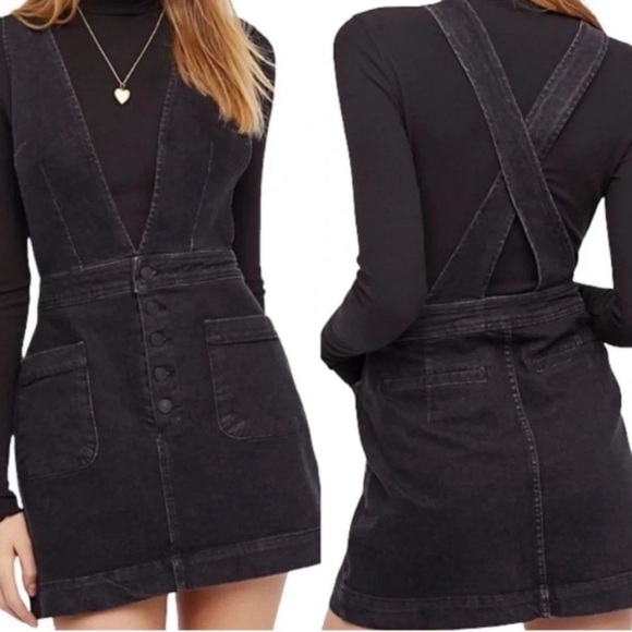 Free People Old School Love Denim Dungaree Pinafore Dress - Size 0 - EUC - Picture 2 of 11